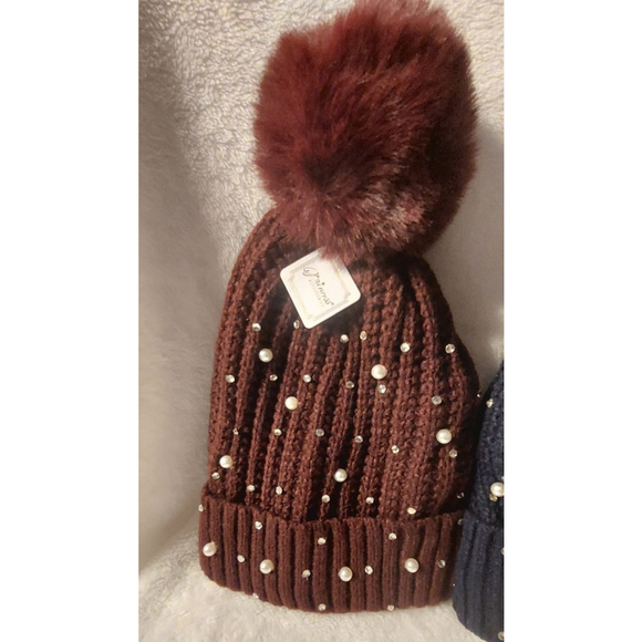 2 Beanies- Burgundy & Navy with Faux Fur Pom - Picture 2 of 6